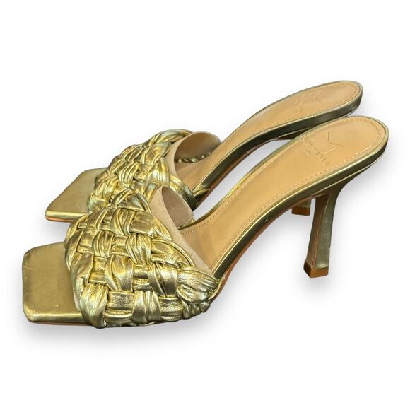 Marc Fisher Women Draya Slide Sandals Heeled Gold Leather Sz 6M - Picture 1 of 8